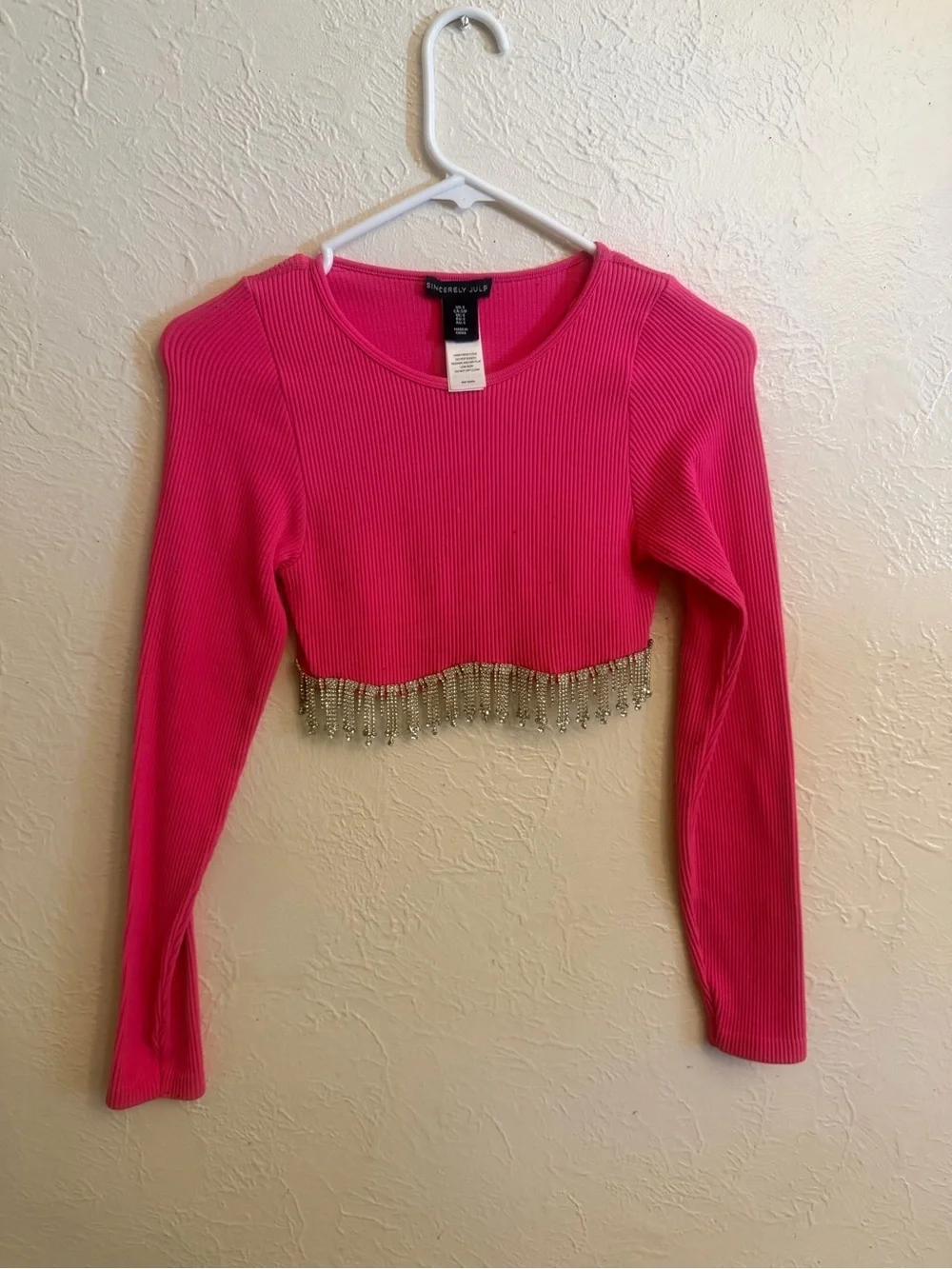 Sincerely Jules Cropped Pink Long-Sleeve Top with Beaded Fringe